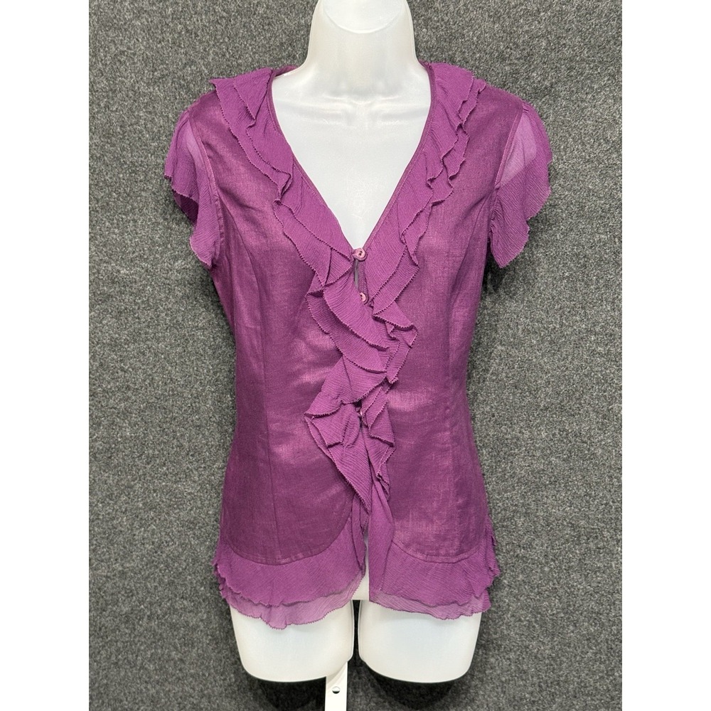 SARA I.  Purple 100% linen blouse Flutter Sleeve Size M NWOT